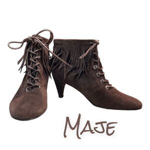 Maje Women's Fringed Ankle Boots Booties Lace Up Brown Suede Fringe Trim 37 $570